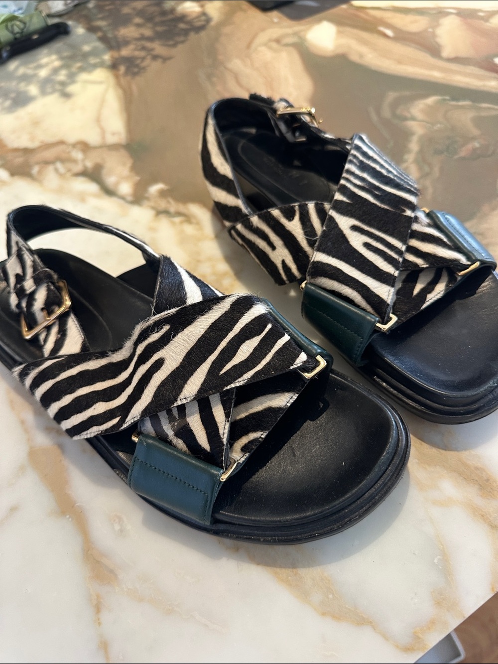 Marni Fusbit Zebra-Print Cross-Strap Sandals with Black Footbed